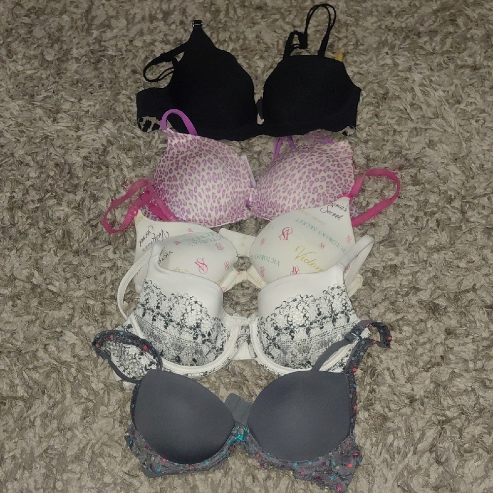 Victorias Secret Bra Set - Black, Pink Leopard, White Text, Gray Lace